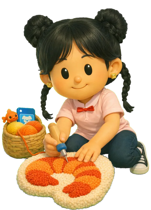 Cynthia Chen drawn as a chunky cartoon kid mid-play in the Backyard Designers yard